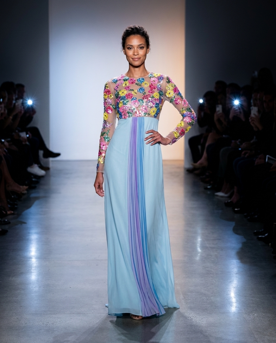 confetti sequin bodice with draped chiffon skirt