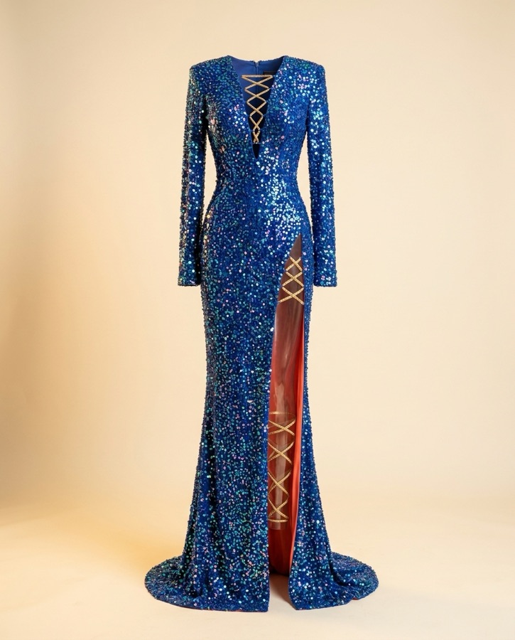Caliente by Oscar B — royal blue iridescent sequin gown