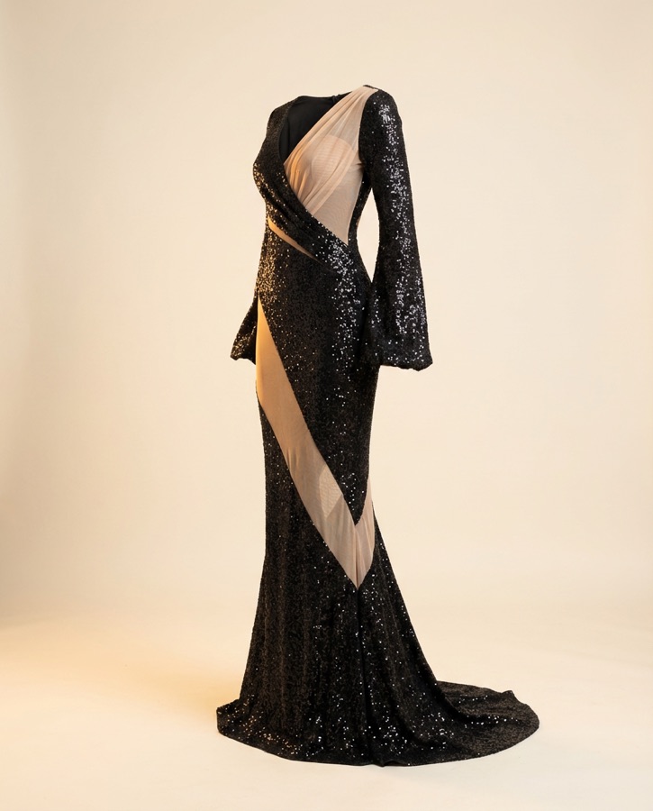 Caliente by Oscar B — ivory gown with dark sash