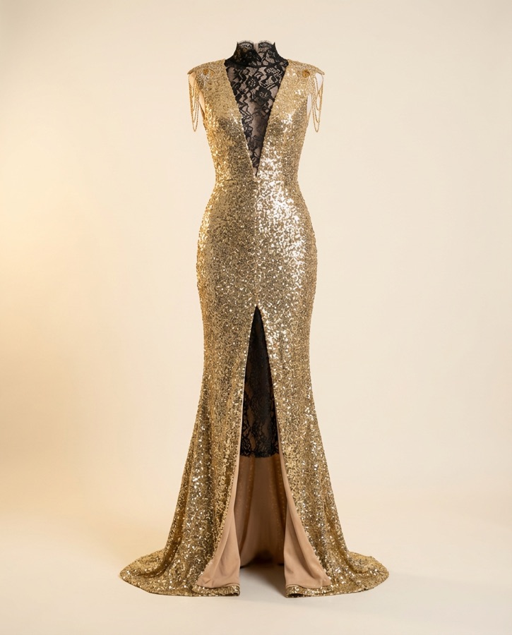 Caliente by Oscar B — gilded columnar gown