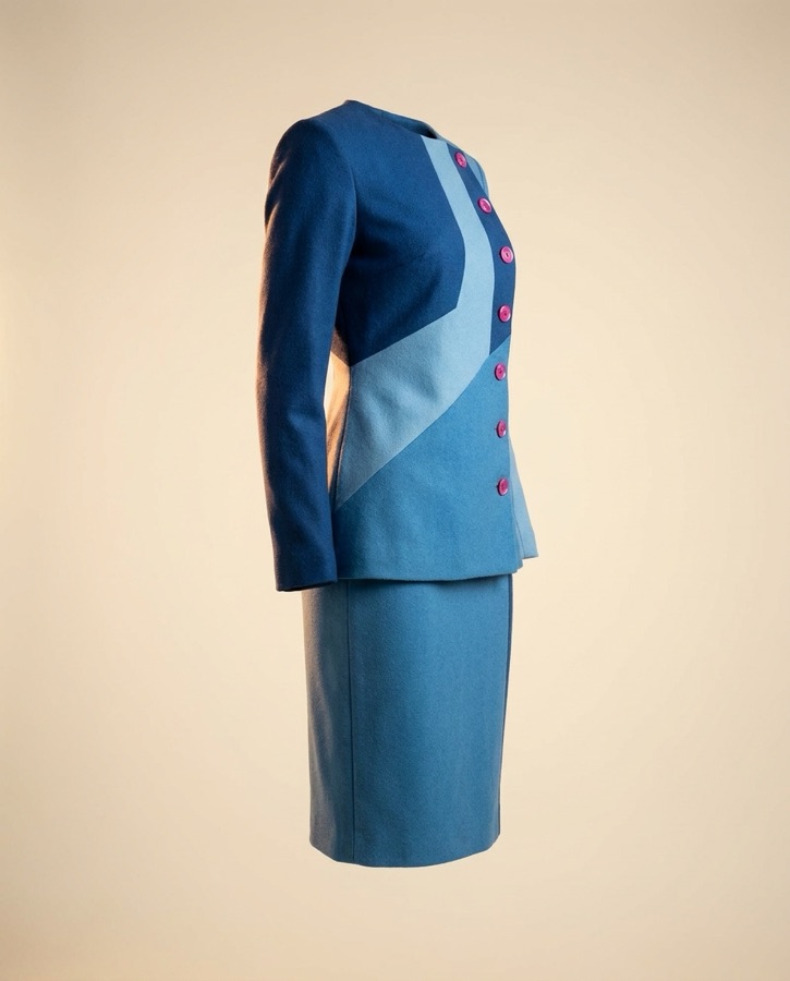 Caliente by Oscar B — blue color-blocked skirt suit