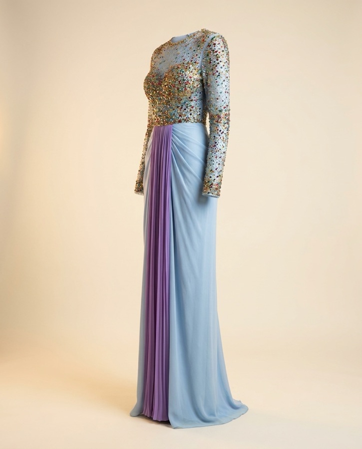 Caliente by Oscar B — confetti sequin bodice with draped chiffon skirt