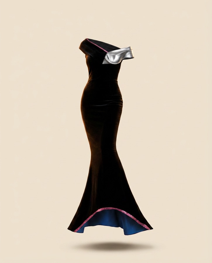 Caliente by Oscar B — black column with pink dip hem and chambray inset