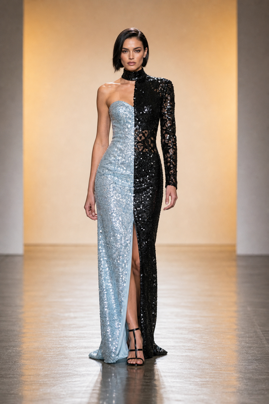 black sequin top with pale blue flared pants