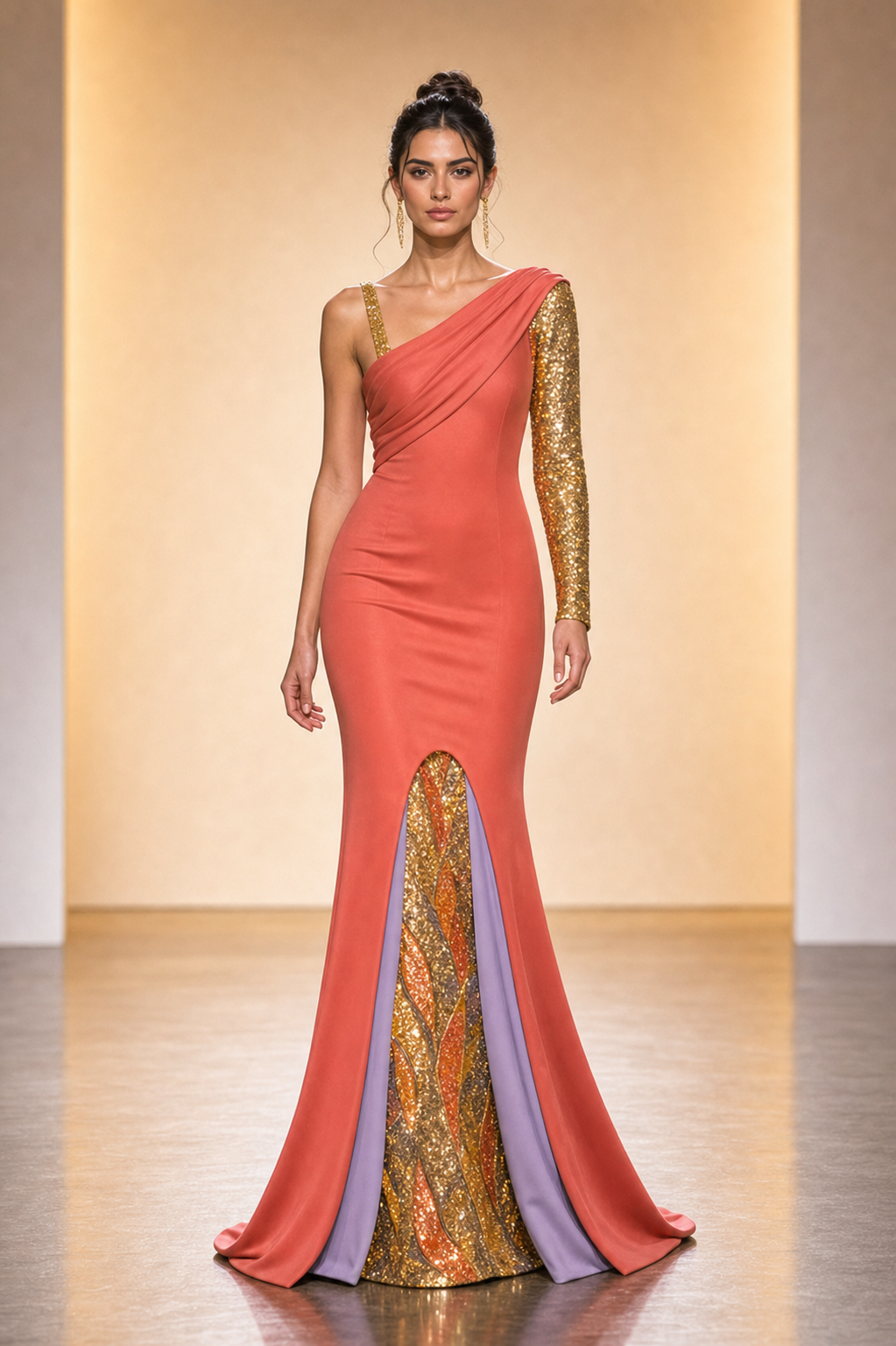 coral one-shoulder gown with gold sleeve